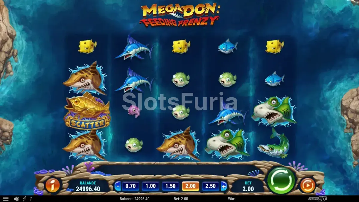 Juego base de Mega Don Feeding Frenzy con el fondo oceánico amenazante