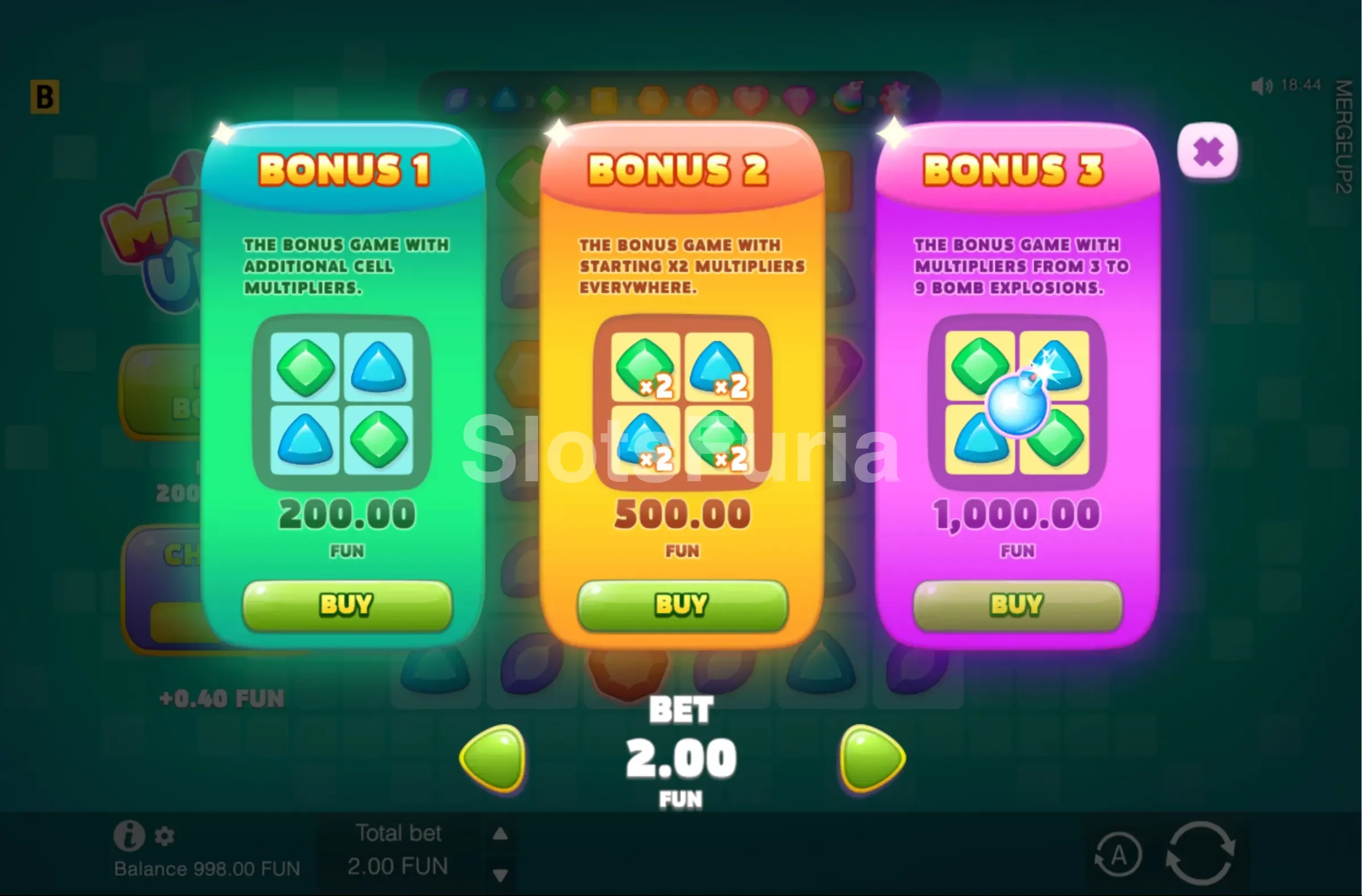 Pantalla de compra de bonus en Merge Up 2 de BGaming