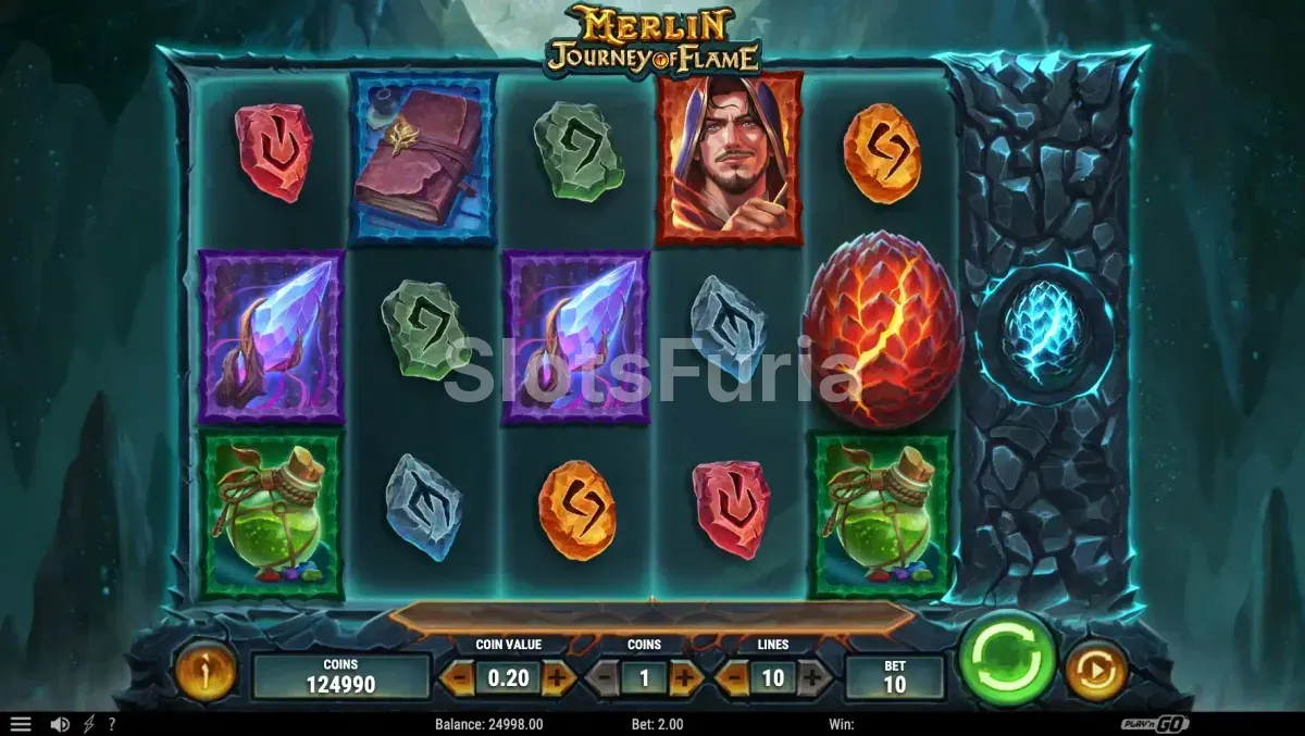 Pantalla principal de Merlin Journey of Flame con la cueva de dragón