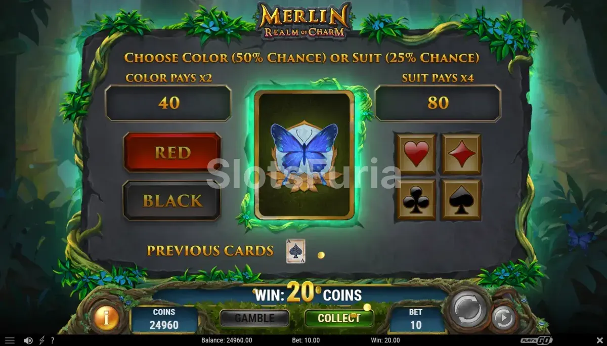 Función de apuesta doble en Merlin Realm of Charm con elección de carta