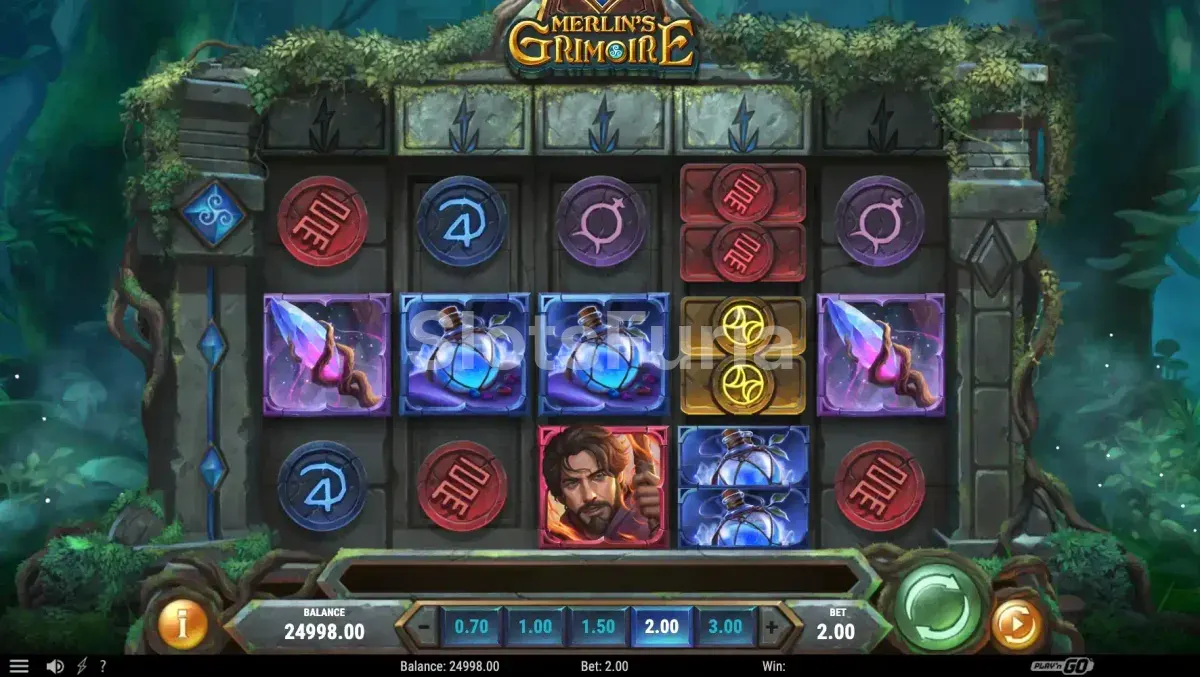 Juego base de Merlin's Grimoire con discos alquímicos y pociones, tragamonedas de magia de Play'n GO