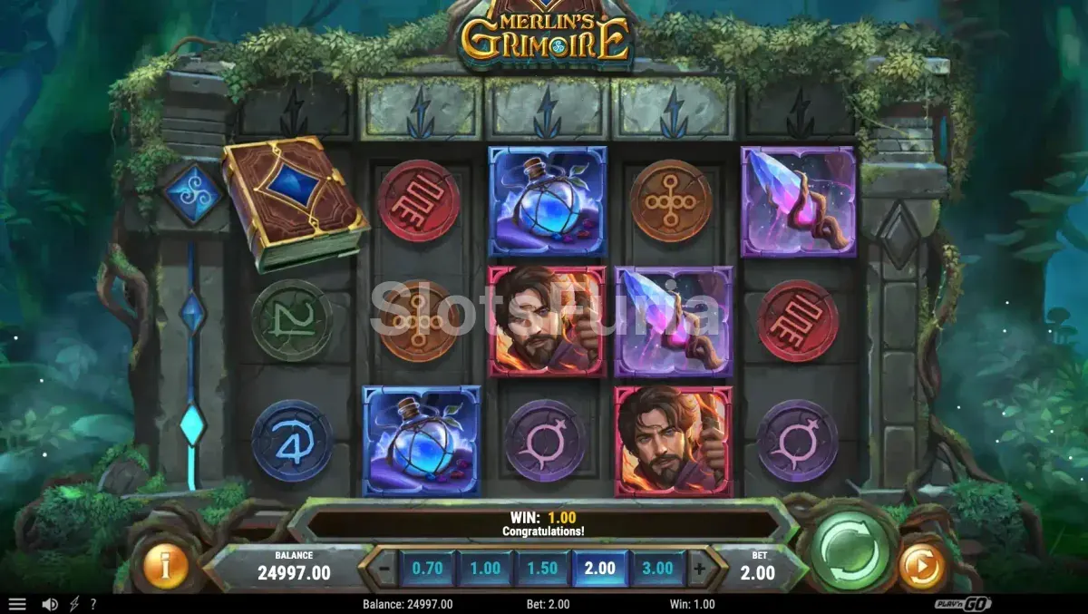 Segunda vista del juego base de Merlin's Grimoire mostrando los símbolos divisores activados