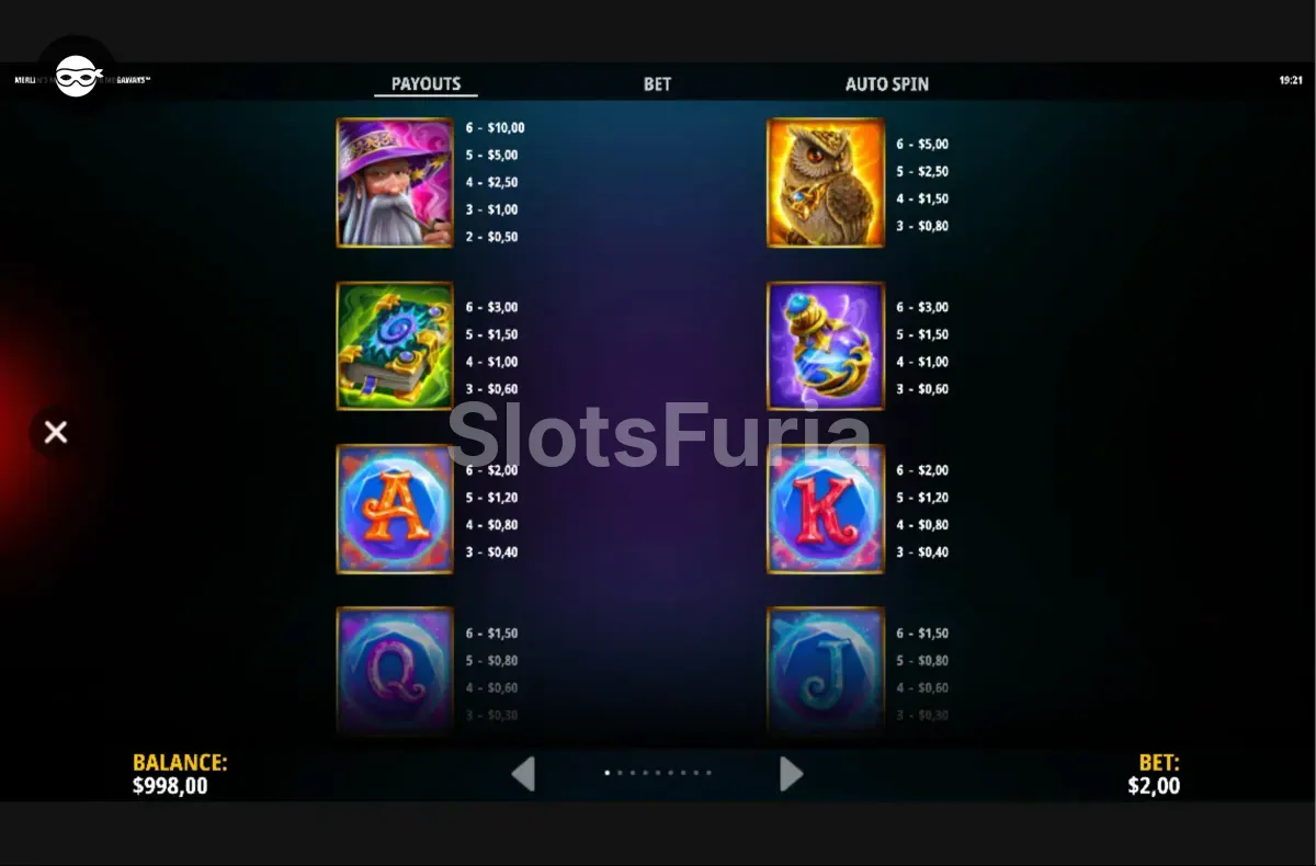 Tabla de pagos de Merlin's Magic Mirror Megaways con los símbolos y sus valores
