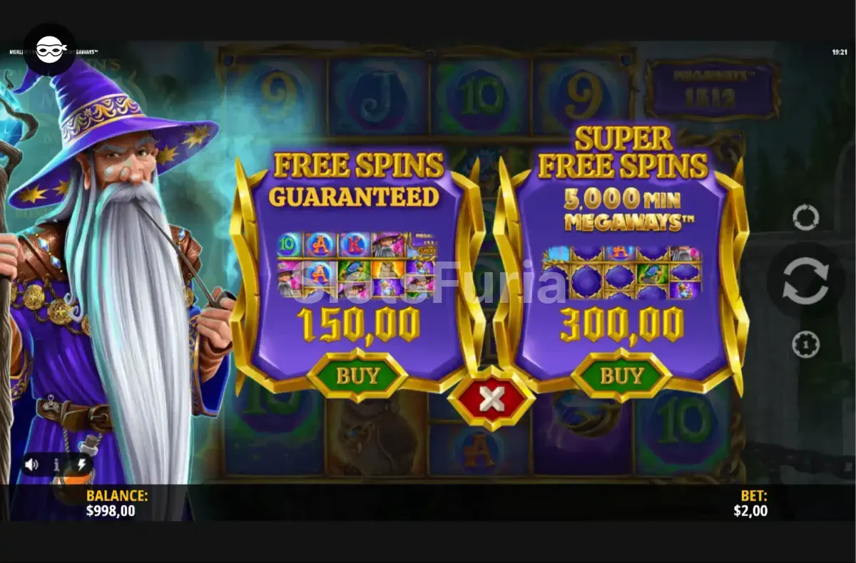 Opción de compra de bonus en Merlin's Magic Mirror Megaways para acceder directamente a los giros gratis