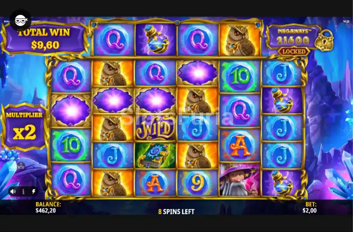 Ronda de giros gratis activada en Merlin's Magic Mirror Megaways con multiplicadores activos