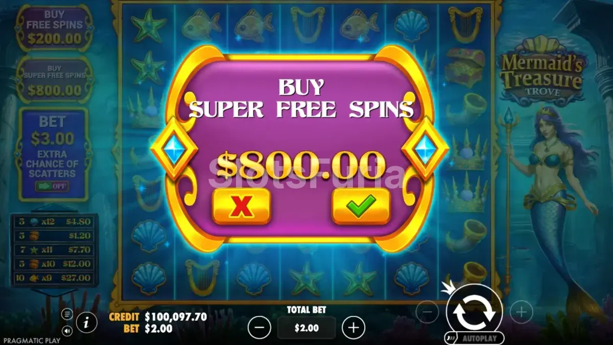 Opciones de compra de bonus disponibles en Mermaid's Treasure Trove