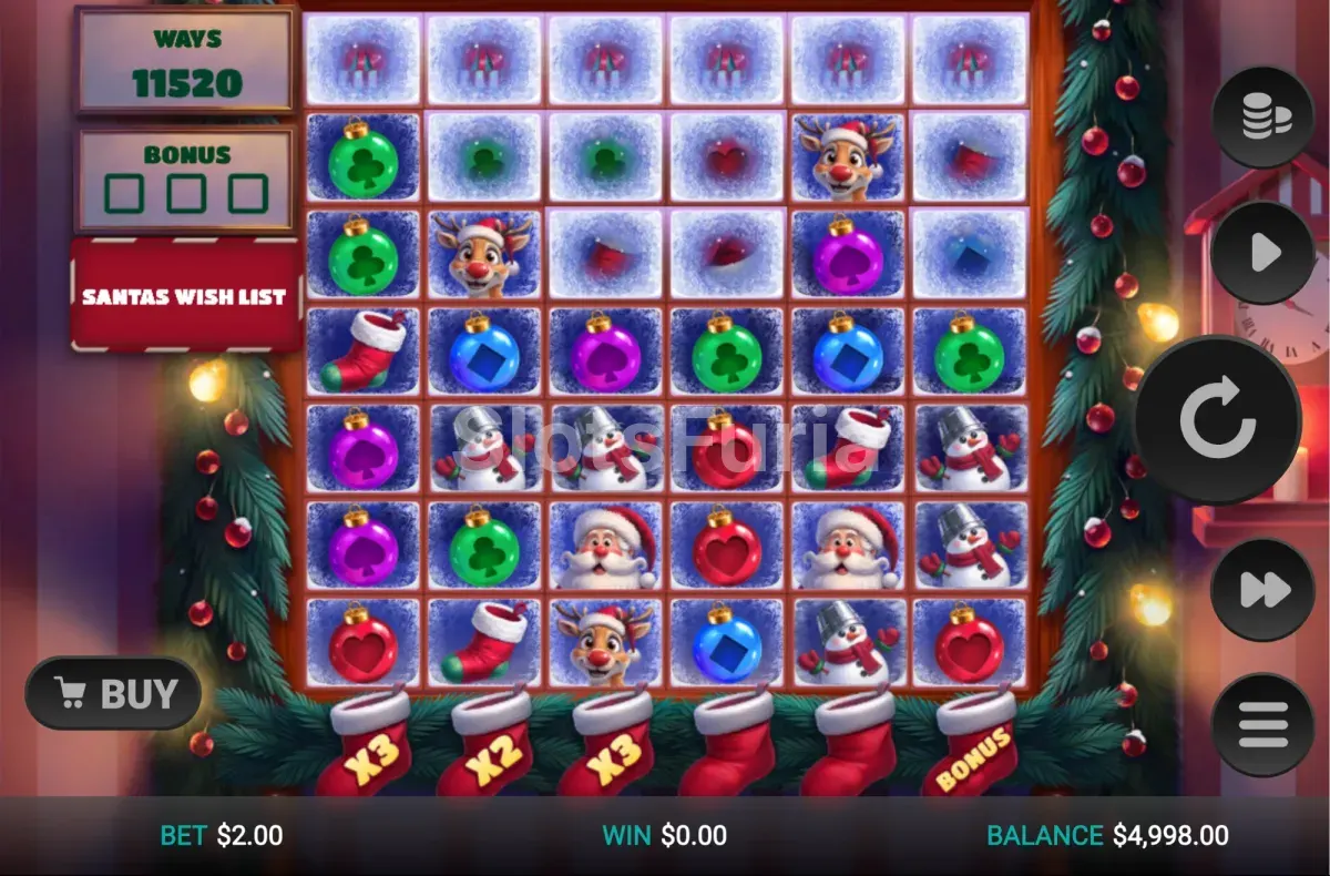 Juego base de Merry Multipliers Dream Drop con 6 rodillos y símbolos navideños