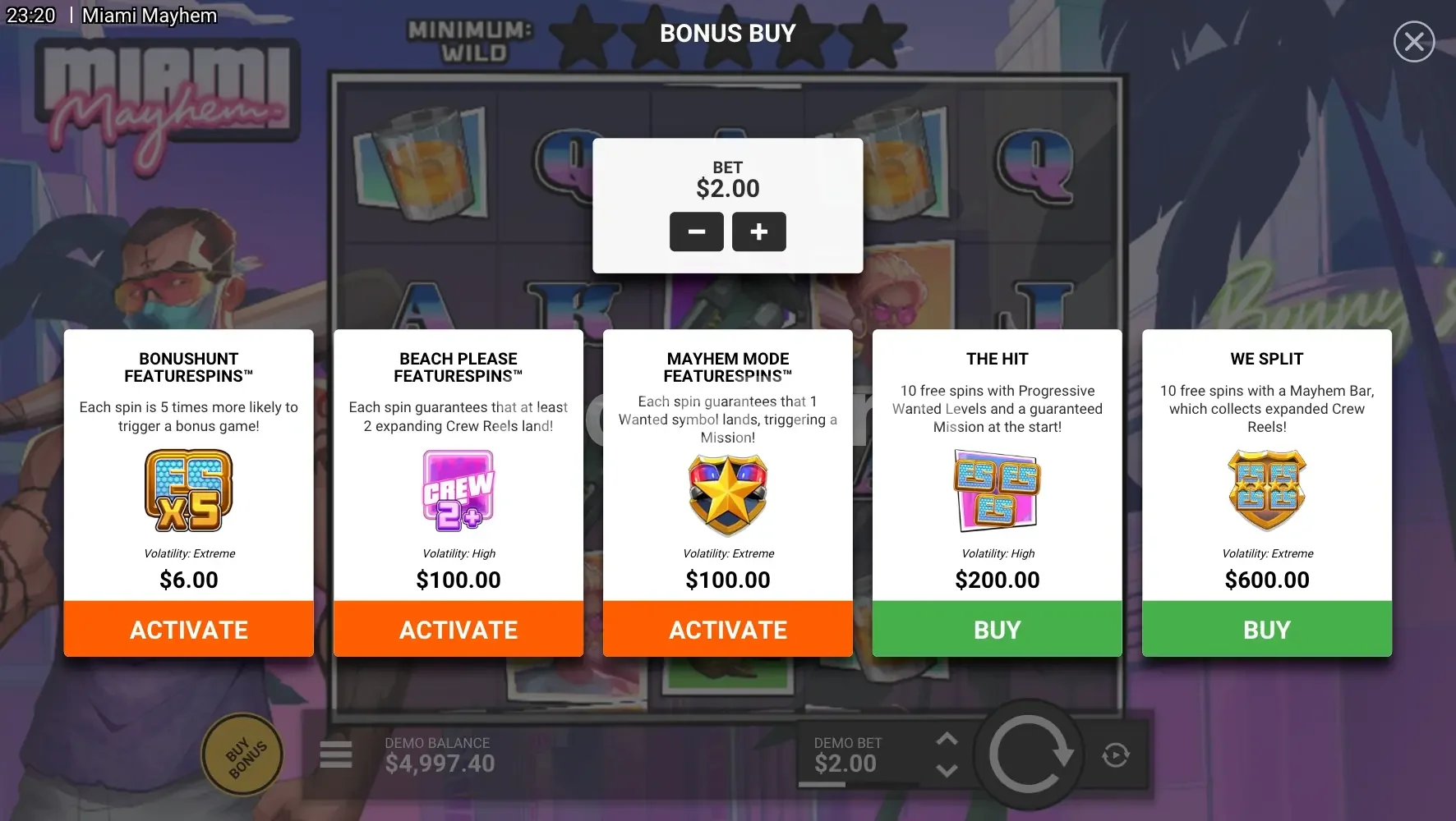 Menú de compra de bonos en Miami Mayhem de Hacksaw Gaming