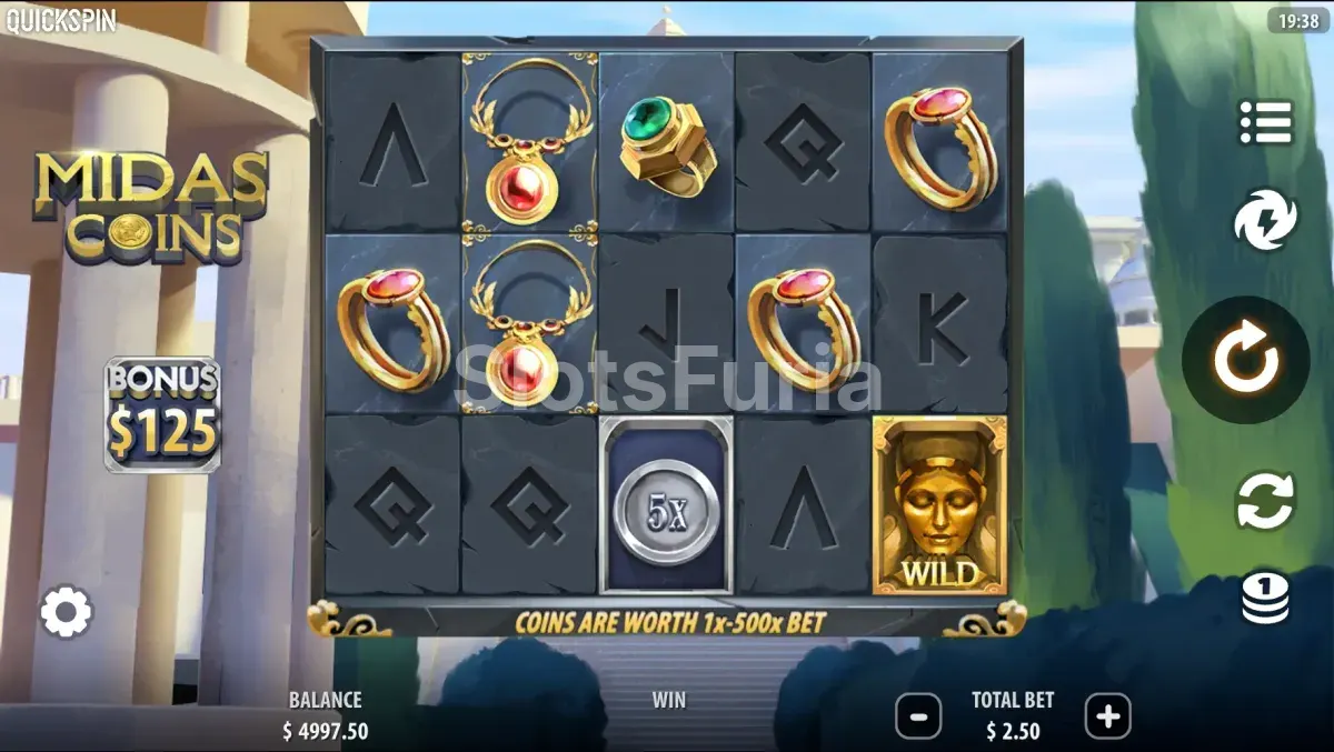 Pantalla principal del juego Midas Coins con el rey Midas en los carretes