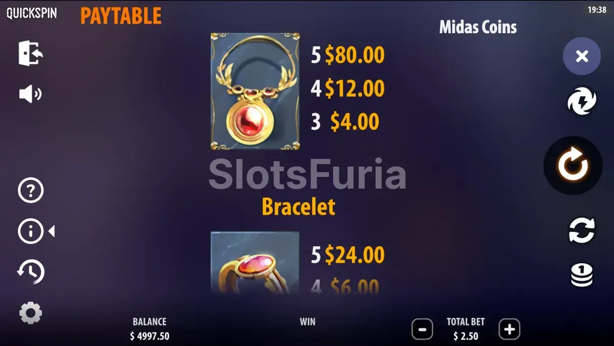 Tabla de pagos completa de Midas Coins con valores de símbolos