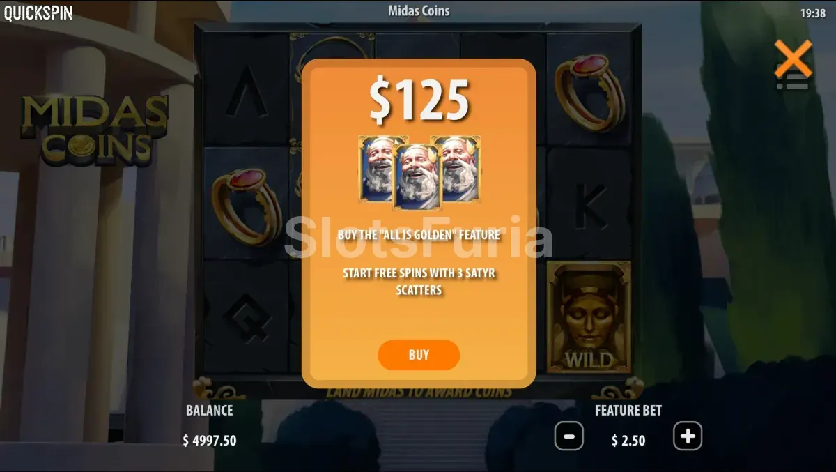 Pantalla de compra de bono en Midas Coins de Quickspin