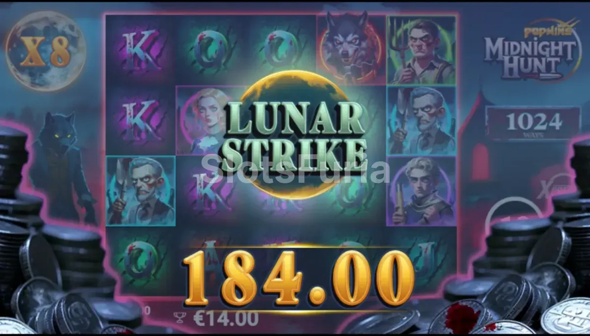 Pantalla de gran victoria en Midnight Hunt con el contador de ganancias explotando