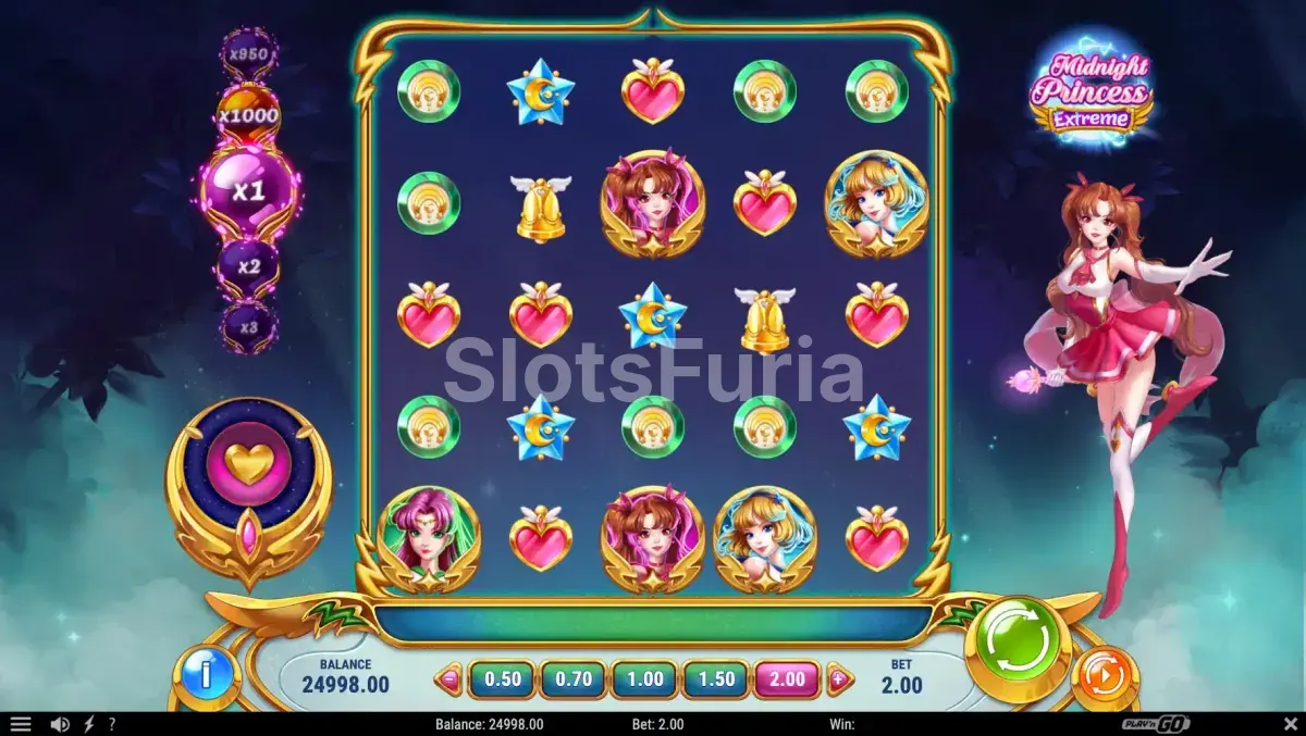 Pantalla principal de Midnight Princess Extreme con la cuadrícula de 5x5 activa