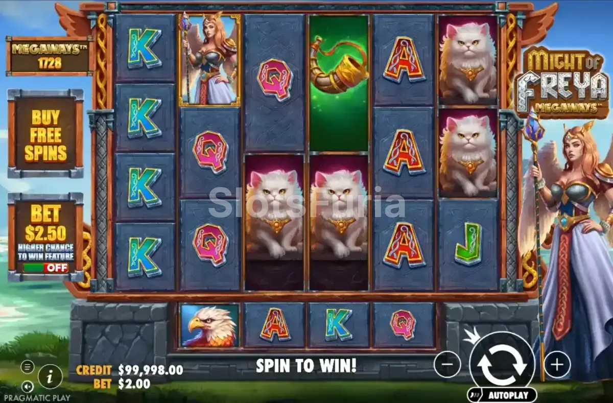 Juego base de Might of Freya Megaways con la diosa Freya al lado de los rodillos