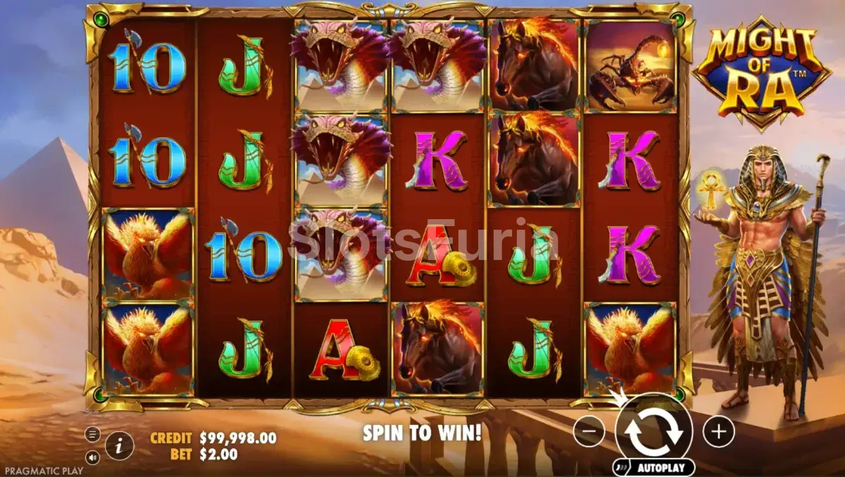 Pantalla principal del juego Might of Ra con los rodillos activos