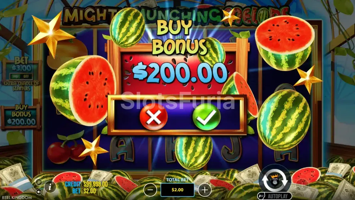 Pantalla de compra de bonus en Mighty Munching Melons
