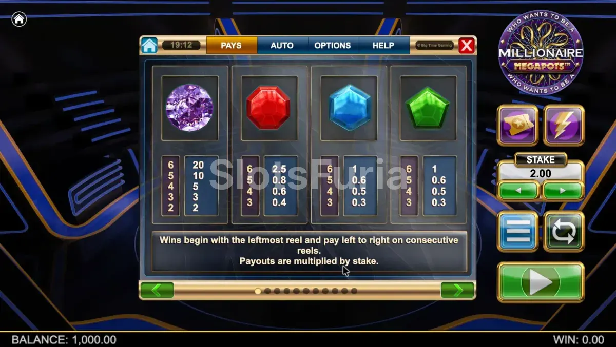 Tabla de pagos y símbolos de Millionaire Megapots