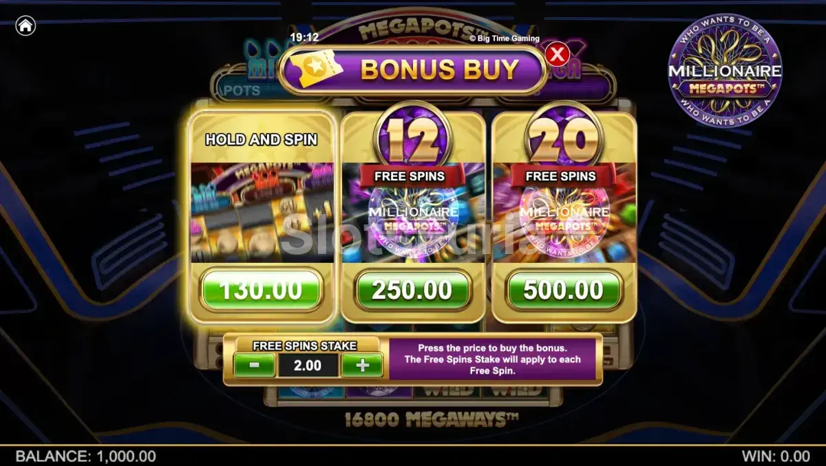 Pantalla de compra de bono disponible en Millionaire Megapots