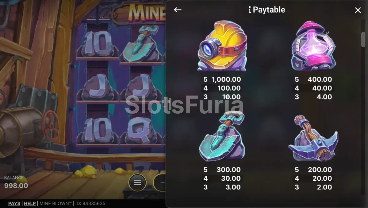 Tabla de pagos de Mine Blown explicando símbolos y premios