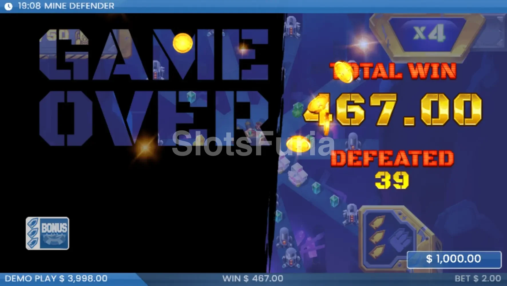 Gran victoria en Mine Defender con multiplicador máximo activo