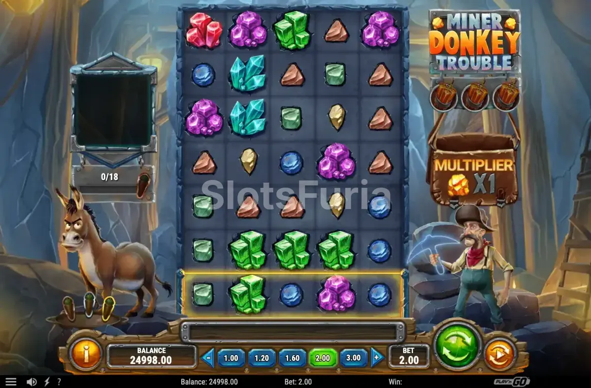 Pantalla principal de Miner Donkey Trouble con el minero y el burro