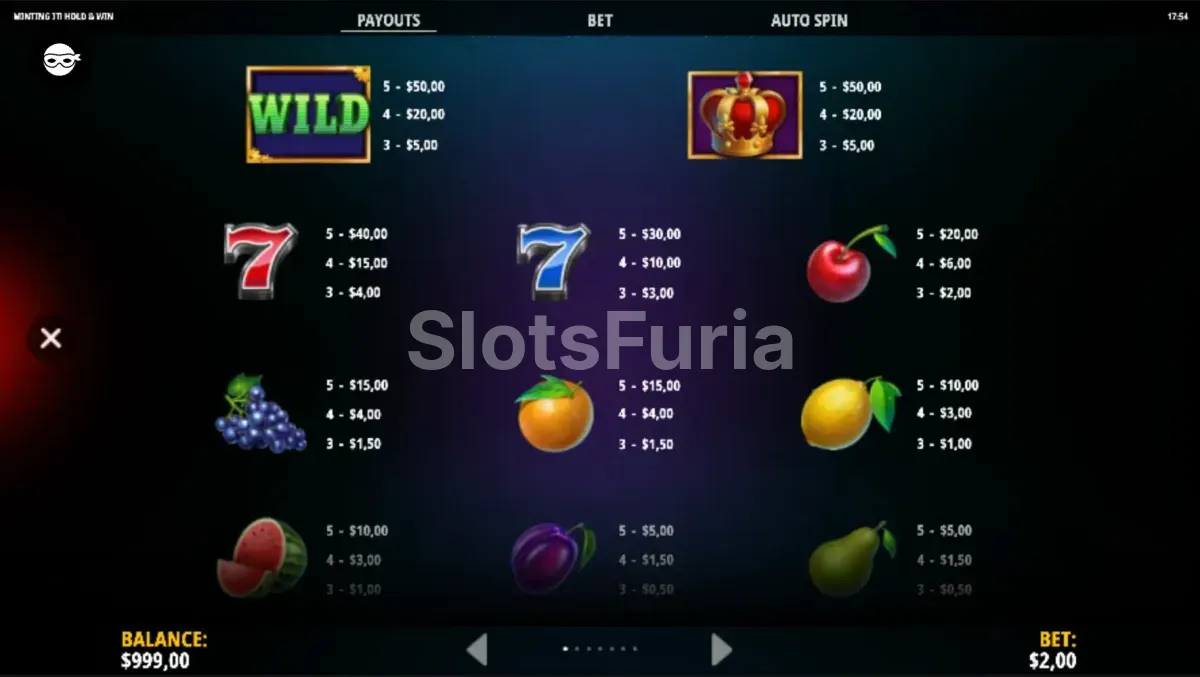 Tabla de pagos de Minting It! Hold & Win con todos los símbolos y valores