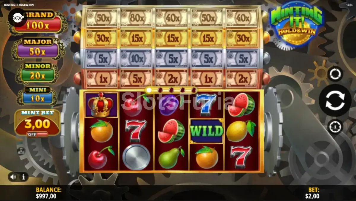 Segunda pantalla del juego base de Minting It! Hold & Win mostrando combinaciones ganadoras