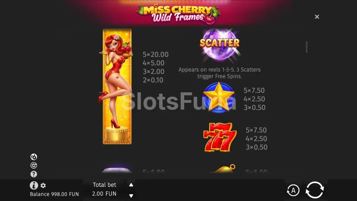 Tabla de pagos de Miss Cherry Wild Frames