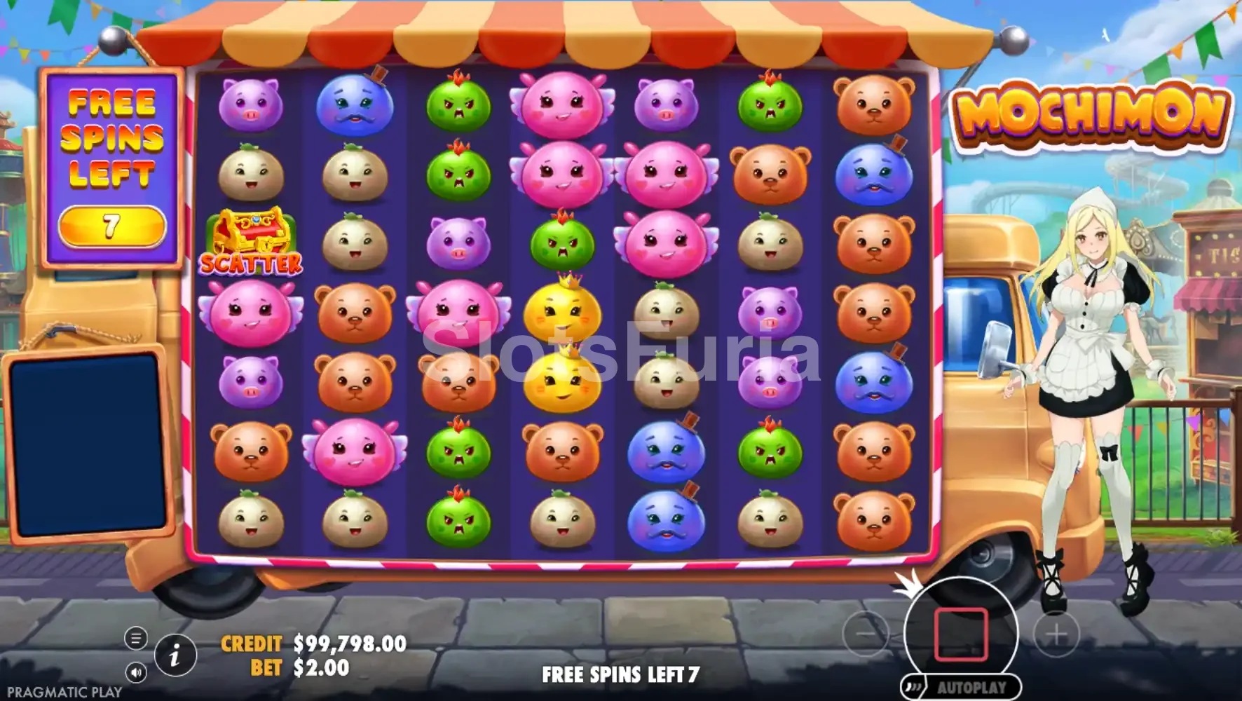 Ronda de giros gratis de Mochimon con multiplicadores en la cuadrícula