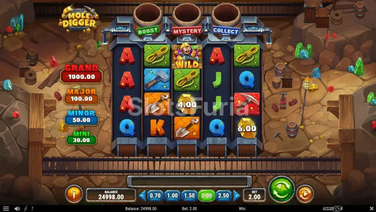 Pantalla principal de Mole Digger con los topos en la mina