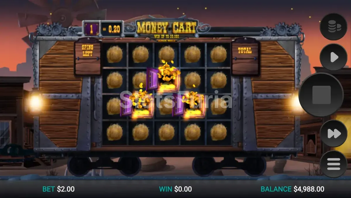 Pantalla de giros gratuitos y bonus activado en Money Cart de Relax Gaming