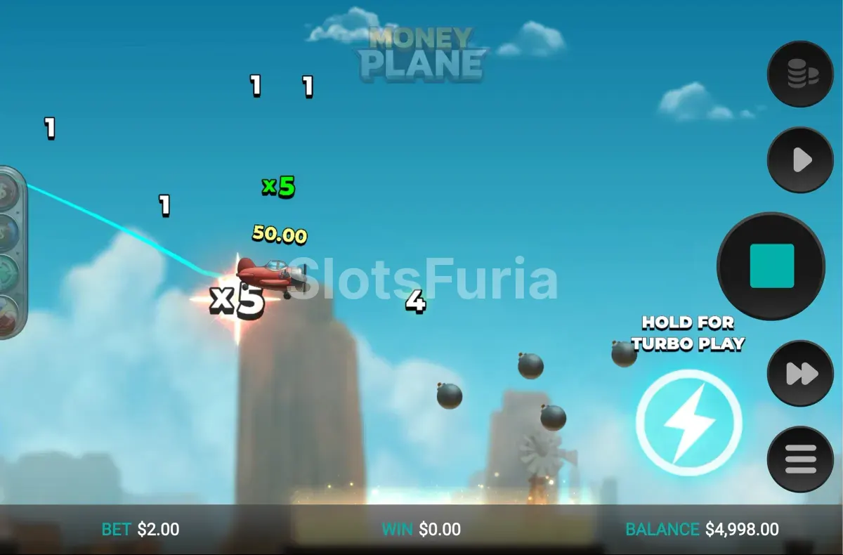 Segunda pantalla de juego base de Money Plane con multiplicadores activos