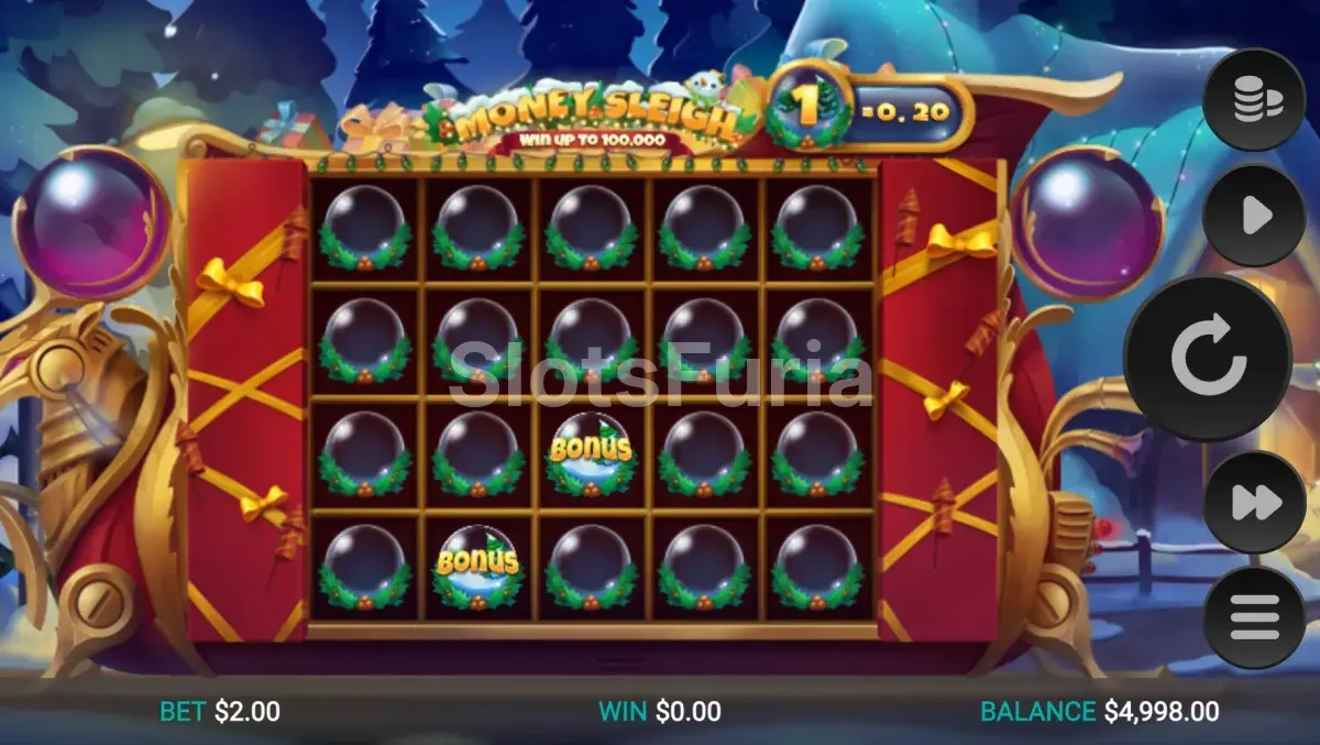 Vista del juego base de Money Sleigh con sus 5 carretes y temática navideña