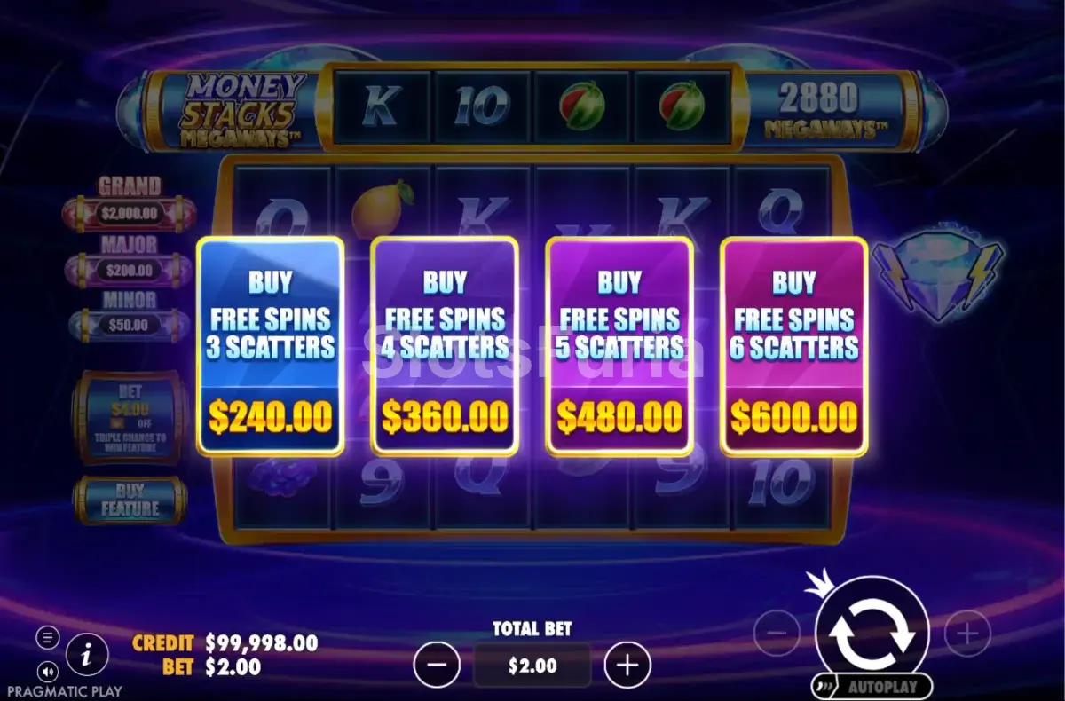 Opción de compra de bonus disponible en Money Stacks Megaways