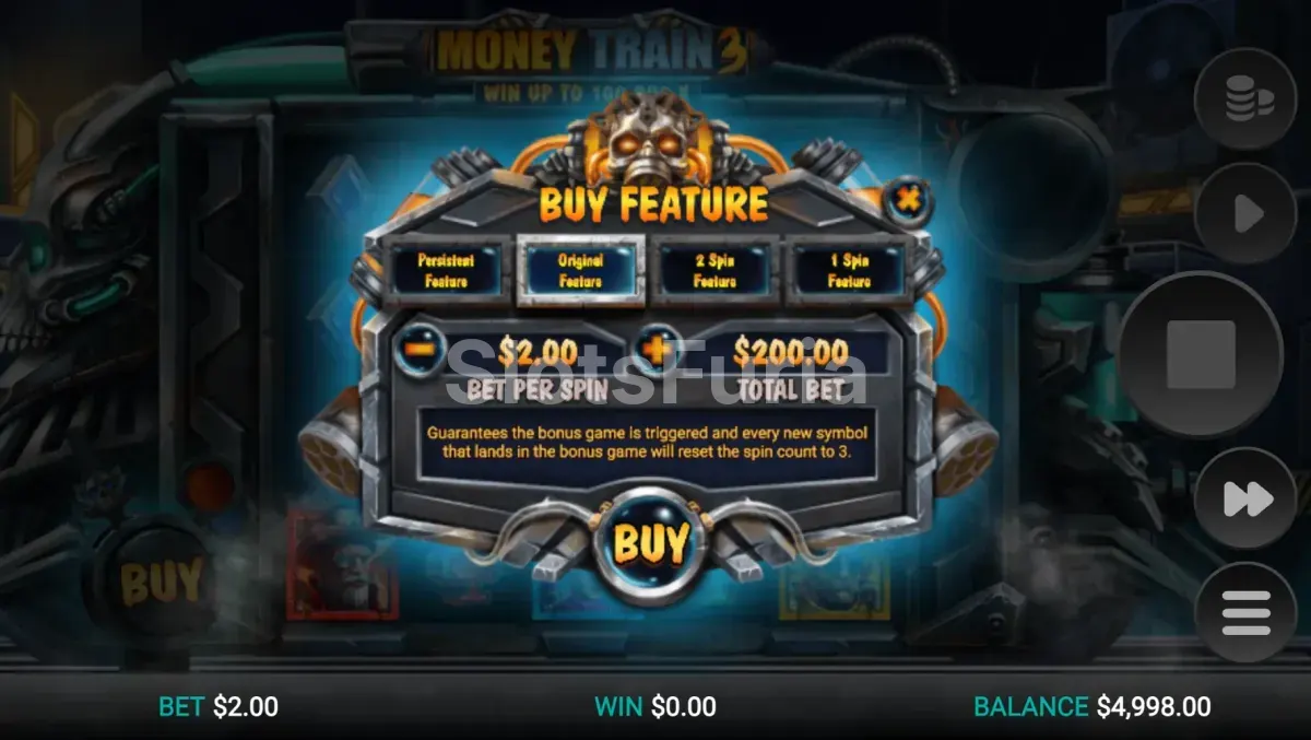 Pantalla de compra de bonos en Money Train 3