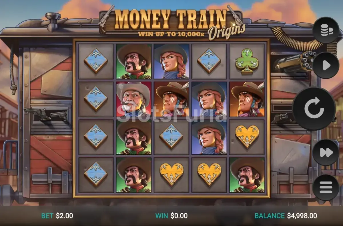 Pantalla principal de Money Train Origins Dream Drop con los cinco carretes activos