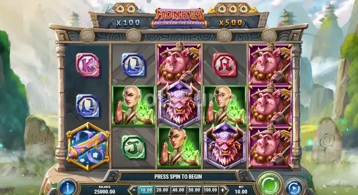 Pantalla principal del juego Monkey Battle for the Scrolls con los cinco rodillos activos