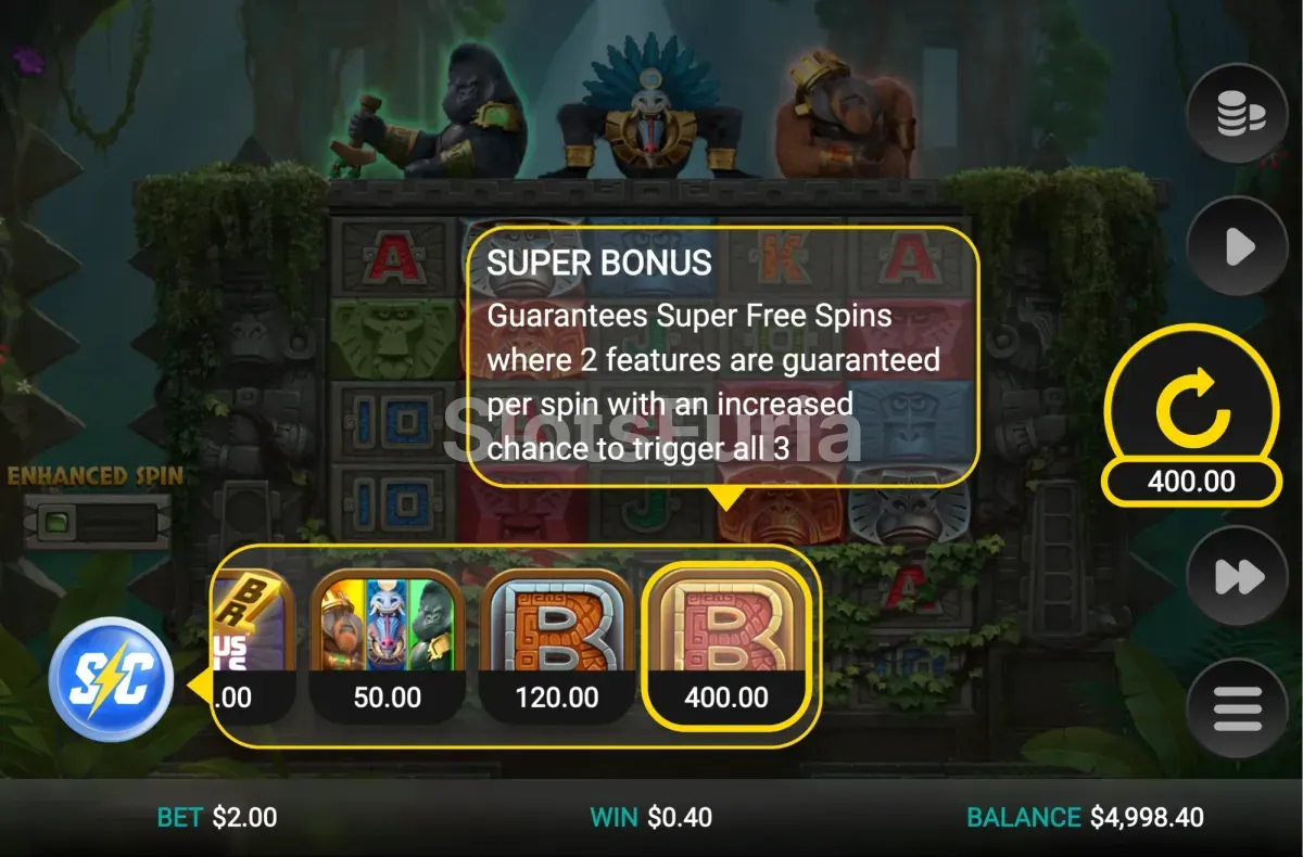 Menú de compra de bonus de Monkey Gods of the Inca con sus precios