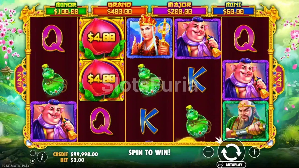 Pantalla principal de Monkey Warrior con sus rodillos y símbolos temáticos