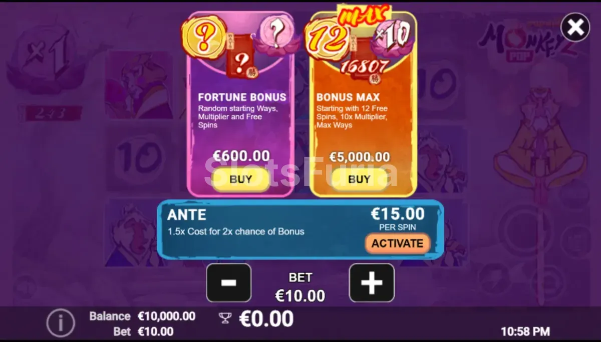 Pantalla de compra de bono disponible en MonkeyPop 2