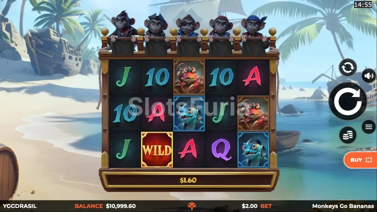 Pantalla principal del juego Monkeys Go Bananas MultiMax con los cinco rodillos activos