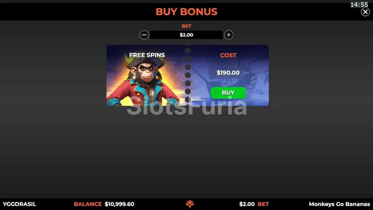 Pantalla de compra de bonos en Monkeys Go Bananas MultiMax con opciones disponibles