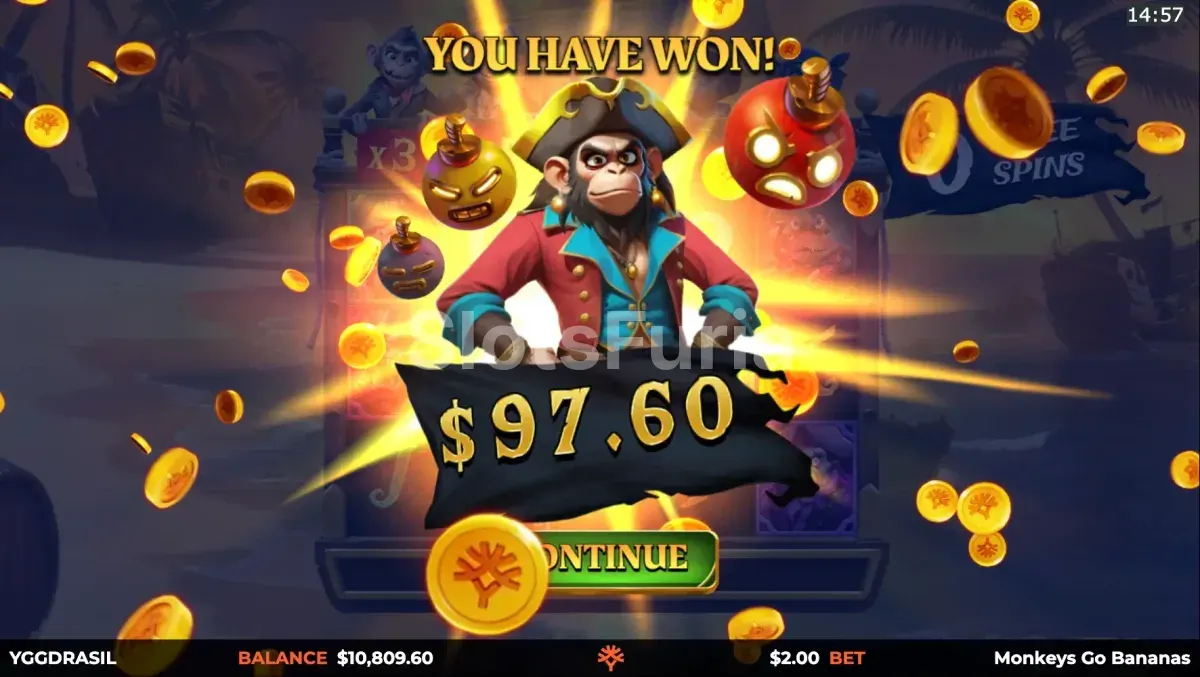Pantalla de gran victoria en Monkeys Go Bananas MultiMax mostrando multiplicadores en acción