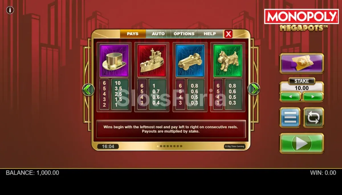 Tabla de pagos completa de Monopoly Megapots con los valores de cada símbolo