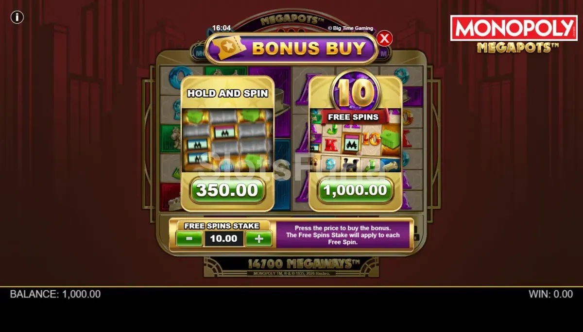 Menú de compra de bonos en Monopoly Megapots con las opciones disponibles