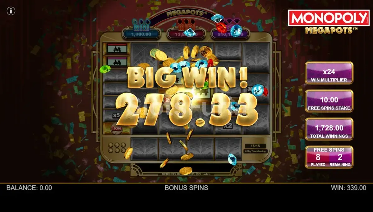 Pantalla de gran victoria en Monopoly Megapots mostrando una ganancia explosiva