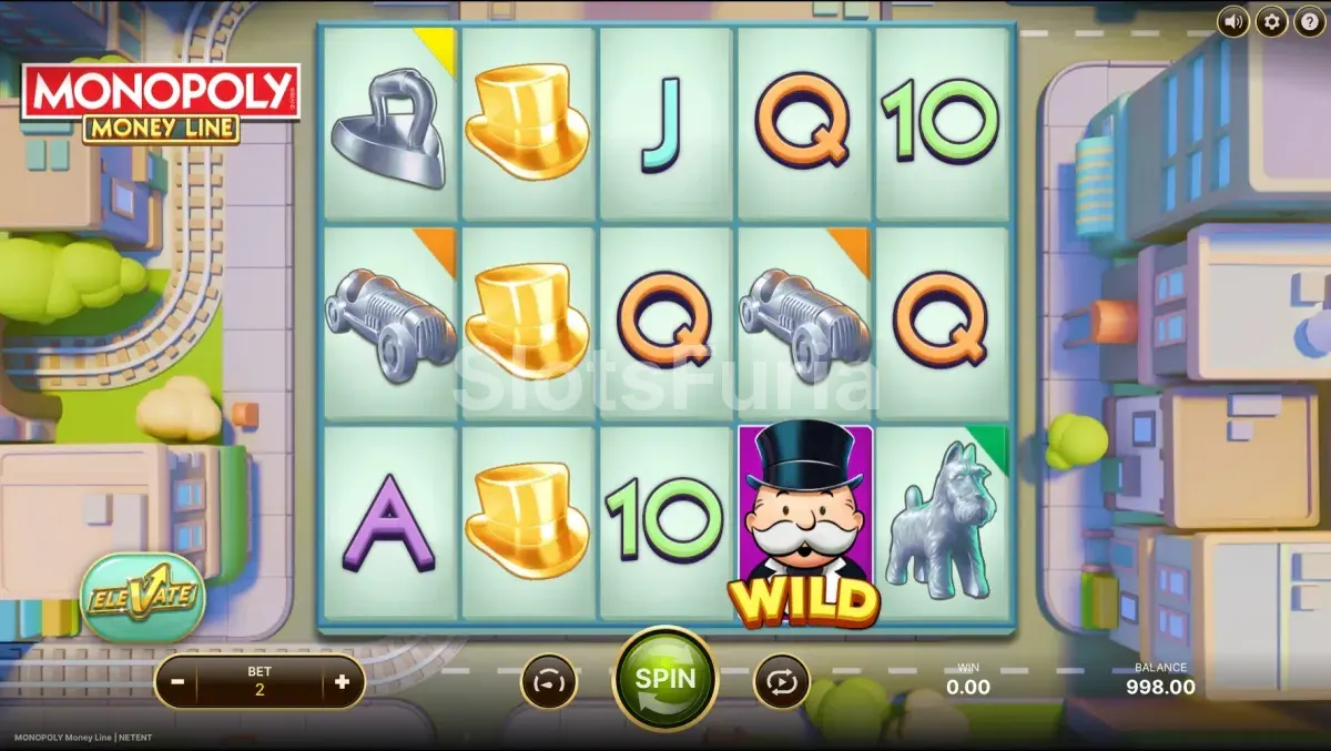Pantalla principal de Monopoly Money Line con la ciudad al fondo