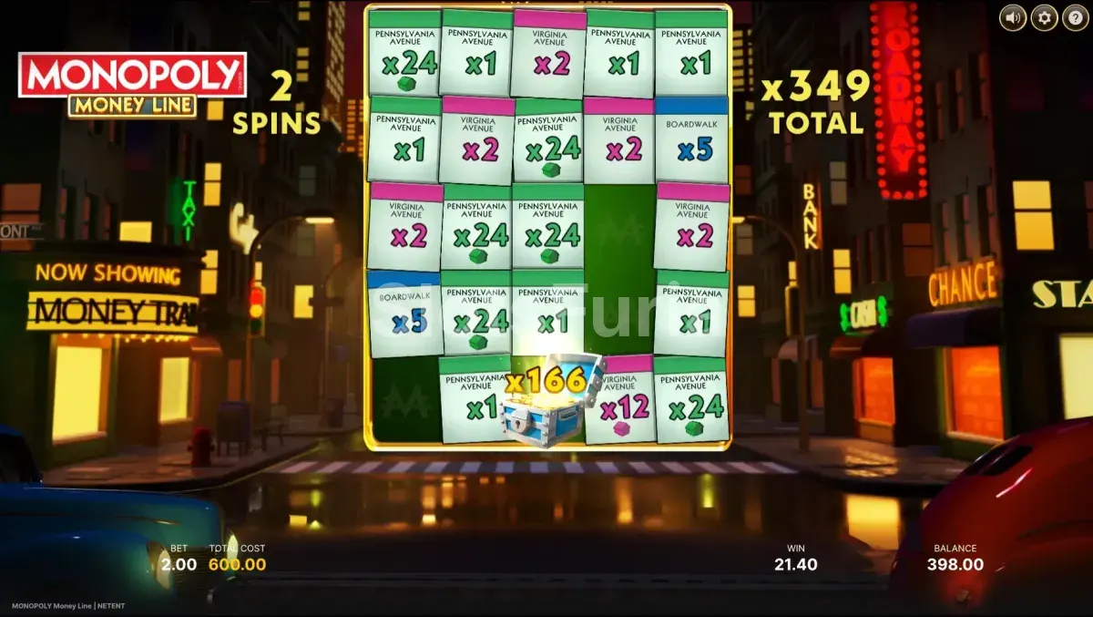 Ronda de giros gratis de Monopoly Money Line con las calles iluminadas