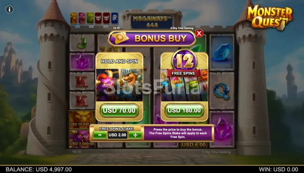 Menú de compra de bonos de Monster Quest con opciones Hold and Spin y giros gratis