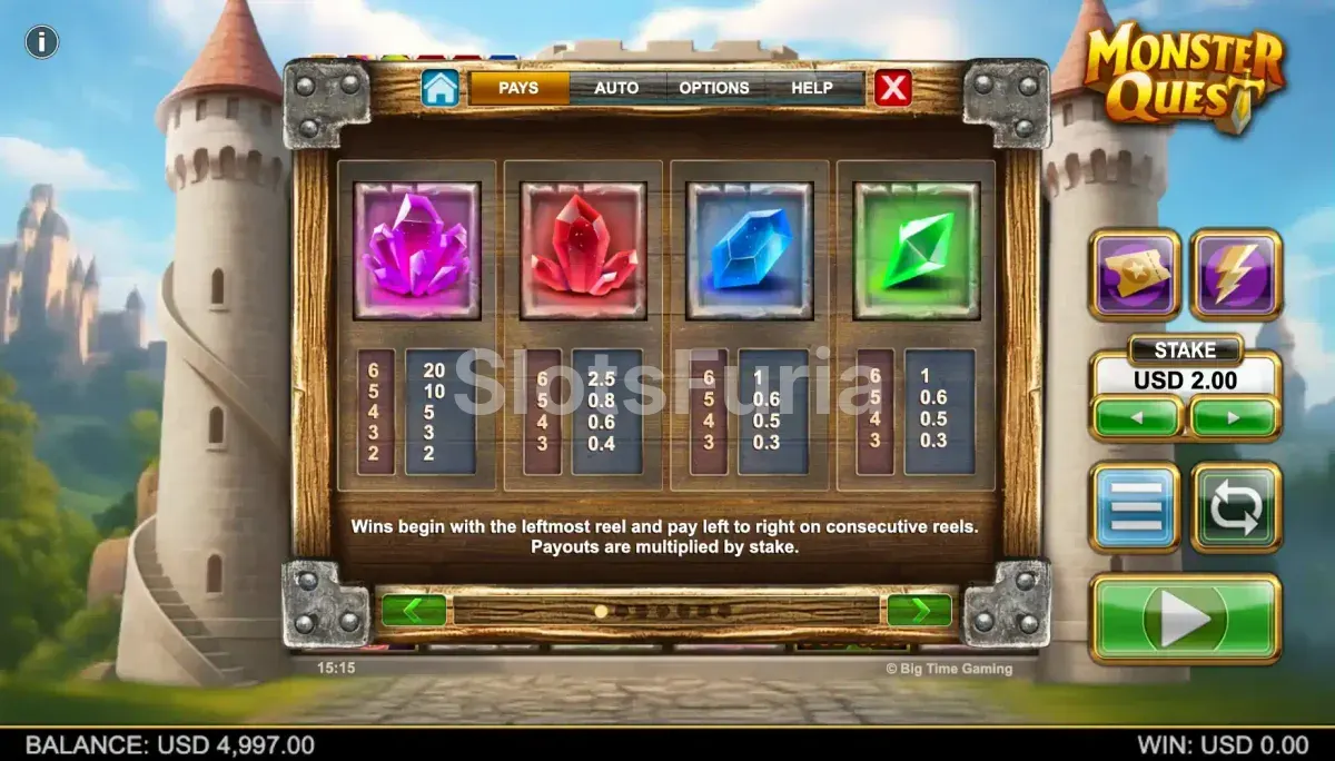 Tabla de pagos de Monster Quest con los valores de cada símbolo